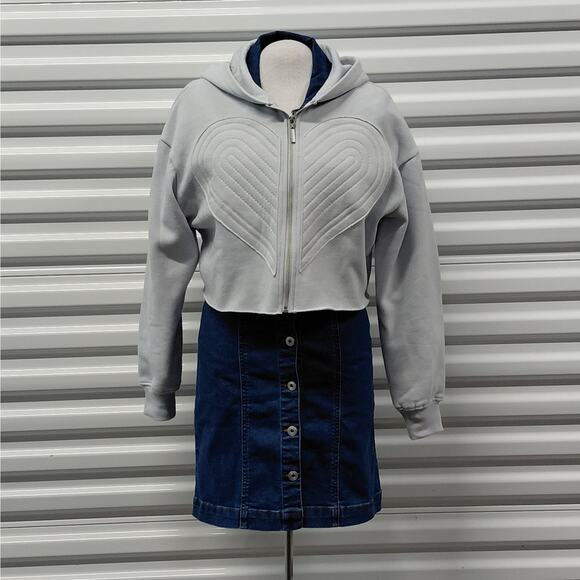 SELF E Womens Jacket Size XS Gray Y2K Cropped Hoodie Full Zip Quilted Heart NWT - Picture 2 of 10